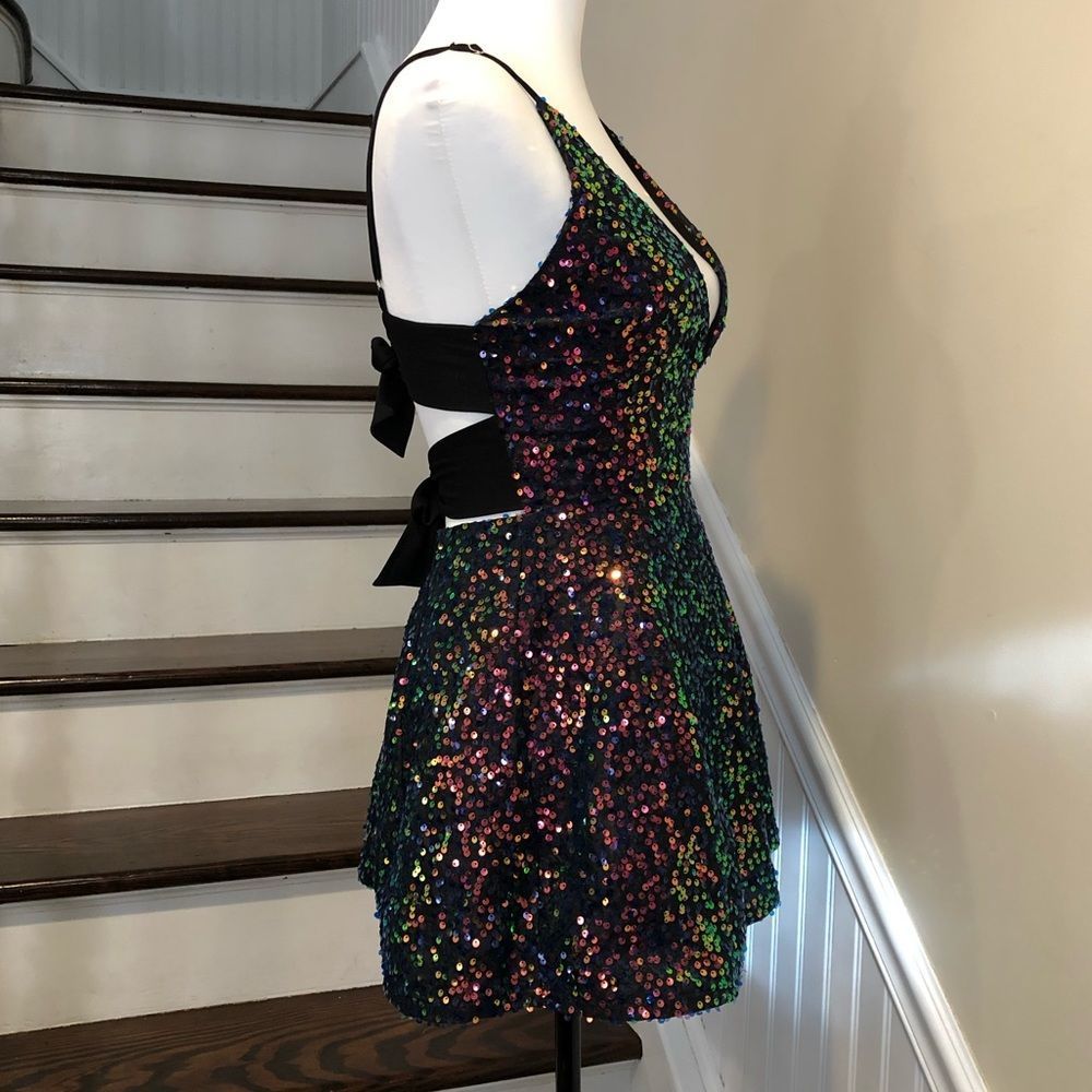 LUCY IN THE SKY Los Angeles Rainbow Black Sequin Mini Dress Sz Small - Picture 2 of 16